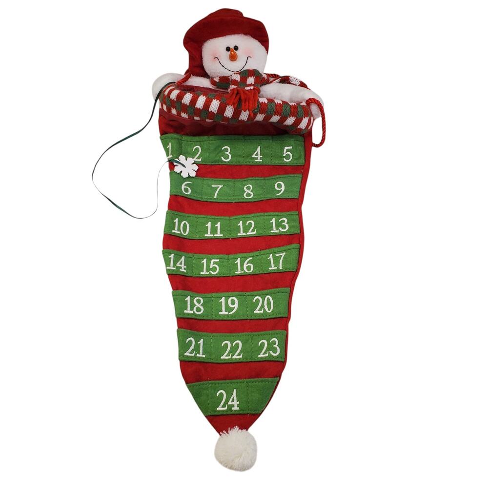 Vintage Snowman Advent Calendar Christmas Stocking 21" Red Green